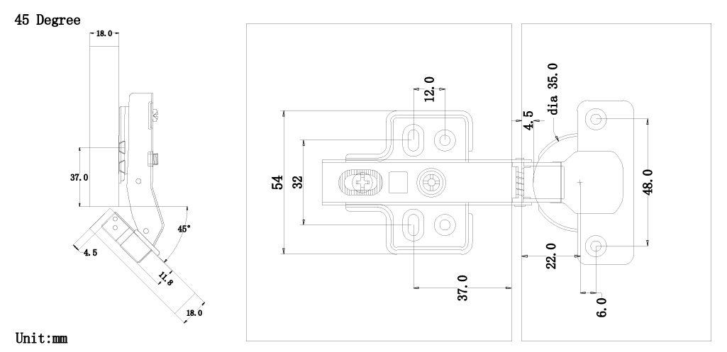 45° Degree Cabinet Hinge Tech Drawing