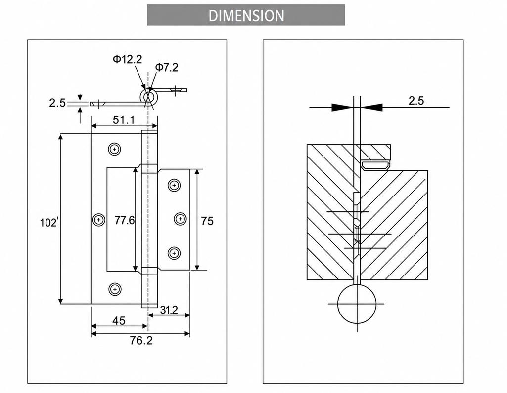 DH-A017 Butterfly Hinge Size Guide DH-A017 Butterfly Hinge